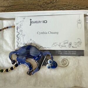 Blue Lizard Pin Brooch with Beaded Tail by Cynthia Chuang